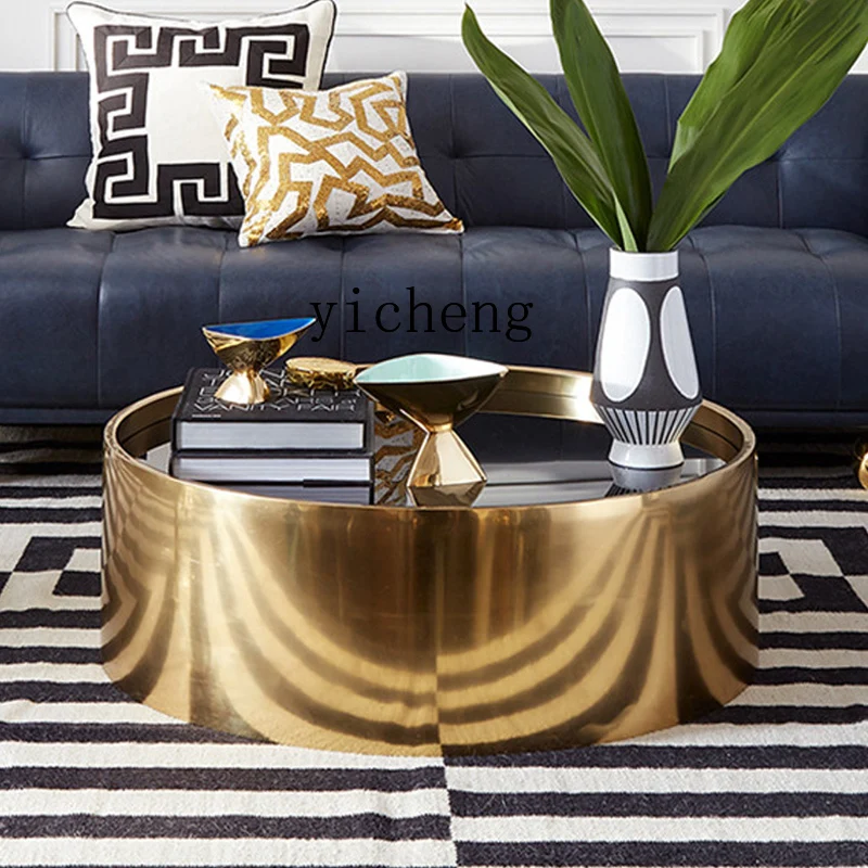 Xl Light Luxury Small Apartment Living Room round Marble Coffee Table Black Glass Surface Club Flower