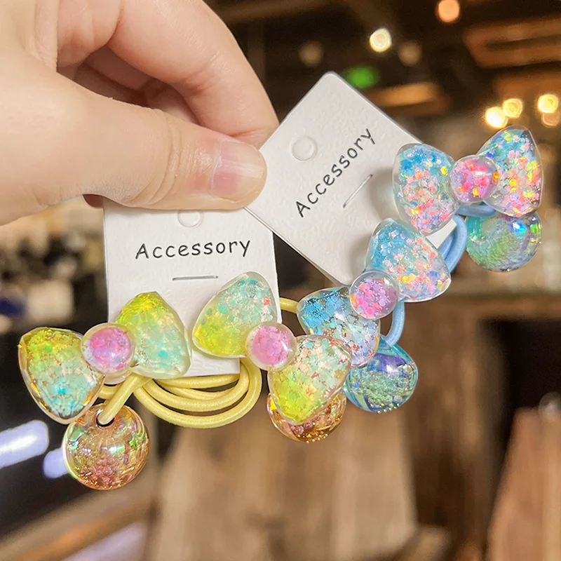 2pcs/lot Colorful Bow Burst Glittering Powder Round Ball Long Elastic Hair Band For Girl Children Cute Kawaii Rubber Ties