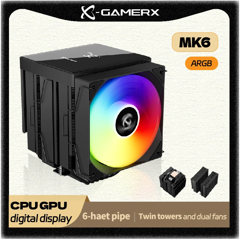 Power Train X-GAMERX MK6 Dual Tower CPU Koeler ARGB digitale display zes Warmte Luchtkoeling Voor LGA1700 115X AM5