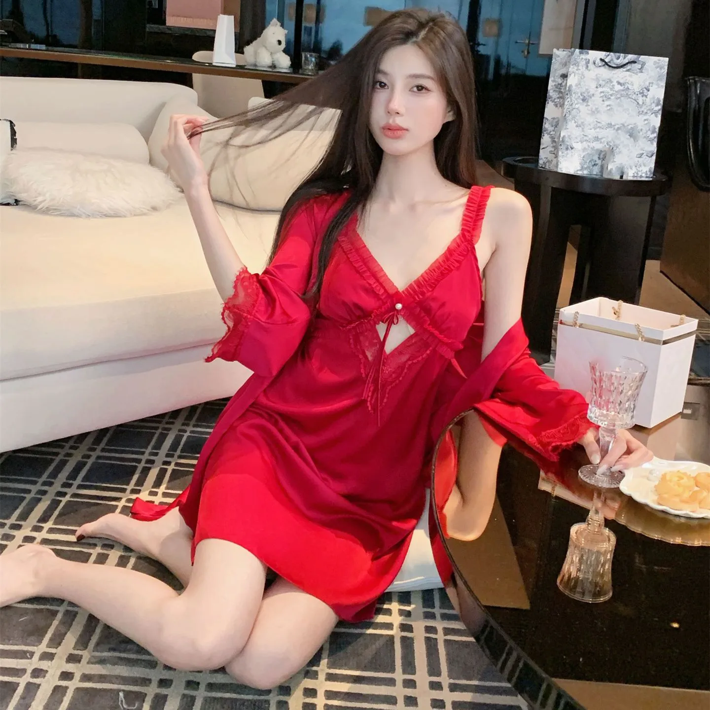 

Sexy Lace Trim Hollow Out Robe Nightgown Sleepwear Set Summer Female Nightwear Bathrobe Casual Home Dress