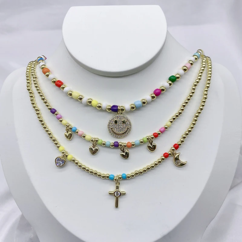 

5pcs/lot Making Supplies Handmade Brass Glass Beads Necklaces With Happy Smlie Face Cross Heart Moon Charms