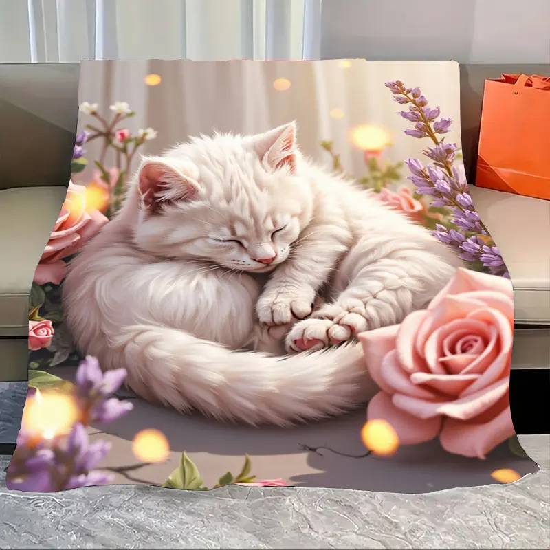 

1pc Flannel Blanket Cozy Cat in Floral Garden Soft Blanket for Home Decor