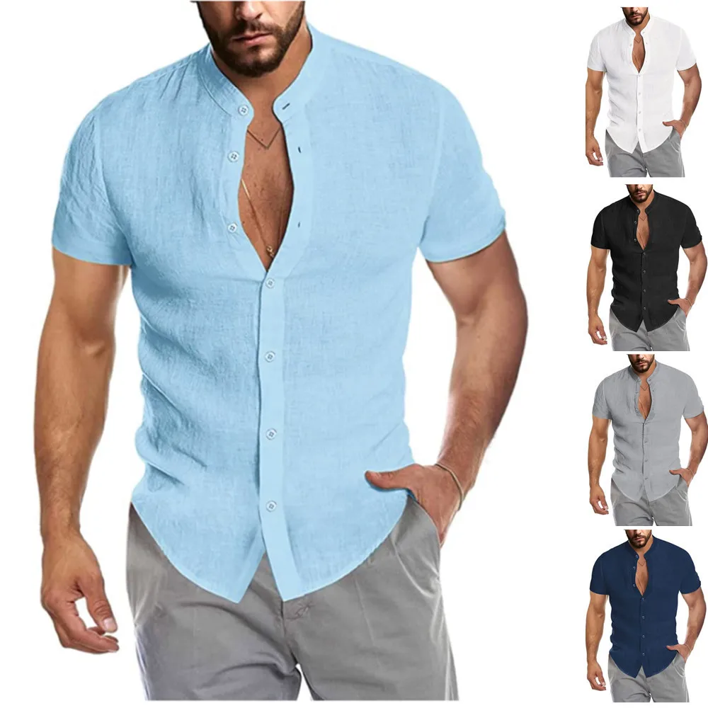 

2023 Summer Mens Linen Blouse Short Sleeve Shirts Men Baggy Buttons Solid Color Shirtsmale Casual Holiday Shirts Tee Tops M-3Xl