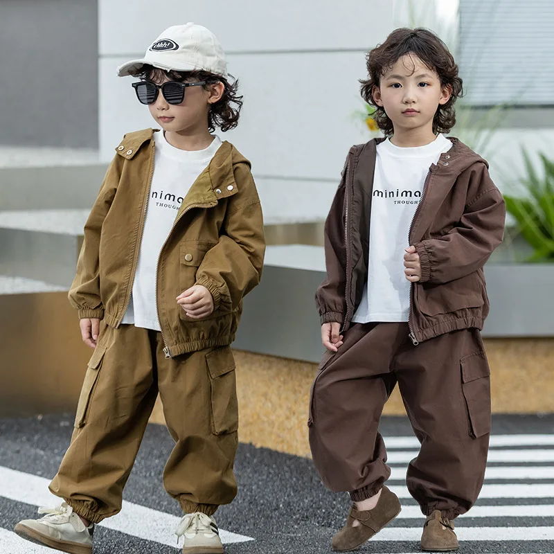 ZOETOPKID Boys' Autumn Hooded Jacket T-shirt Pants Three-piece Set Children Casual Street Fashion Clothes Suits