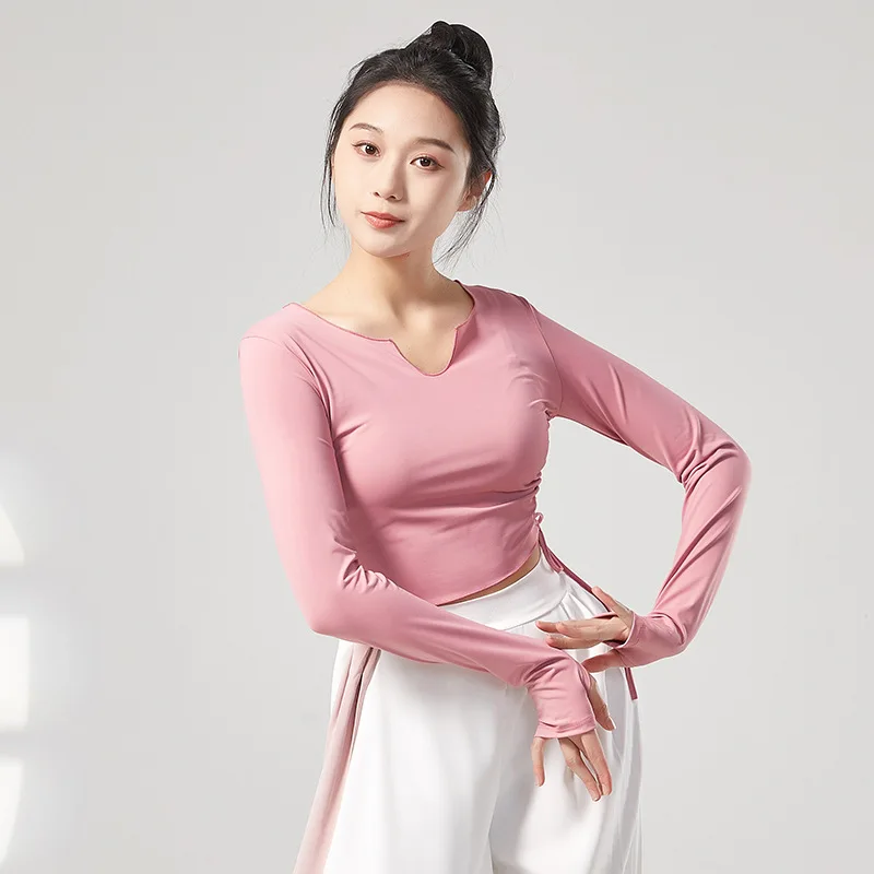 

Adult Slim Fit U Neck Side Tie Long Sleeve Belly Dance T Shirt Crop Top Costume for Women Dancing Clothes Dancer Clothing Wear
