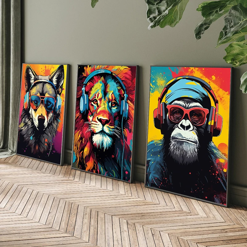 Pósteres de juegos geniales de animales con auriculares, impresiones artísticas de pared, pinturas en lienzo, decoración de habitación de niños y