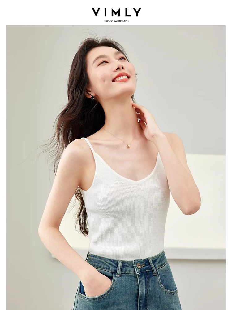 Vimly White V-neck Camis Women 2024 Spring Summer Wool Blend Knit Tops Simple Strecth Casual Basics Spaghetti Strap Top 72936