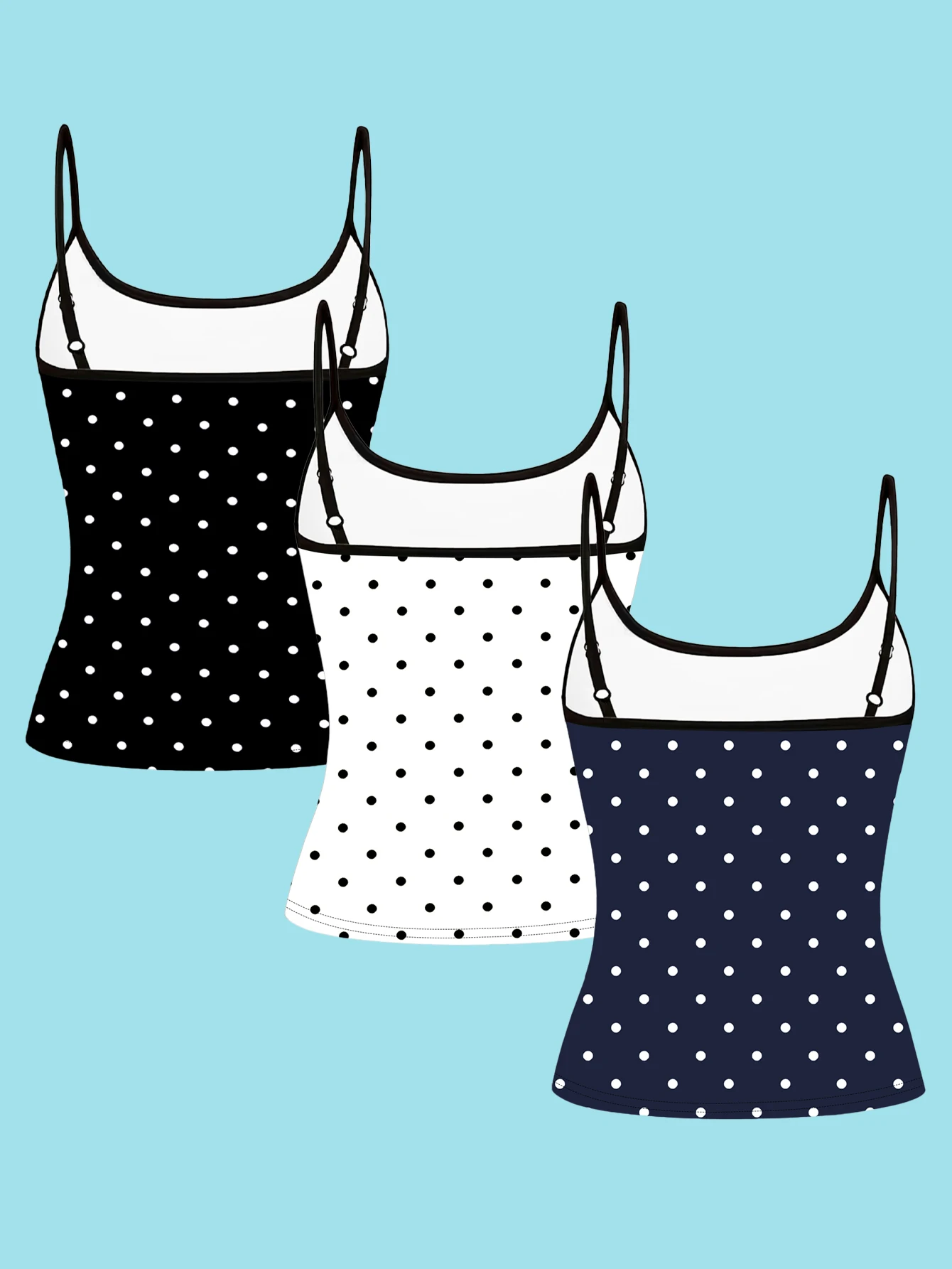 3-Pack Polka Dot Print Camisole for Women, Classic Slim-Fit Sleeveless Undershirt with Small Straps