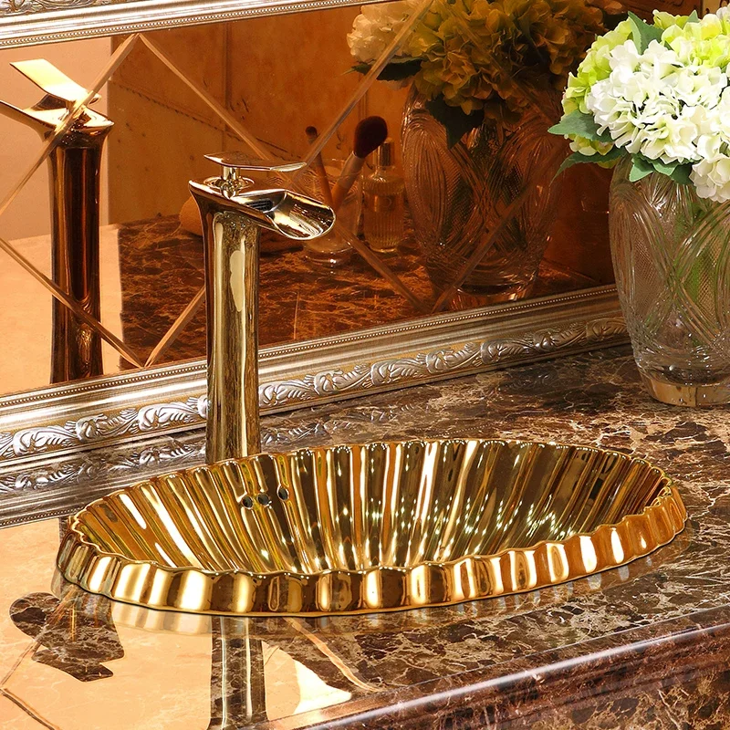 51Cm*36Cm Golden Oval Built-In Ceramic Washbasin - with Elegant Lines and Patterns, an Ideal Choice for Modern Bathroom Fixtures, Suitable for Changing Rooms, Vanity Tables, Public Rooms, Bathrooms, Toilets, and Rvs