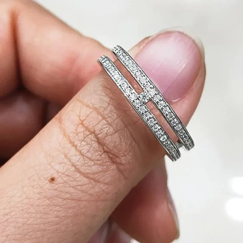 2024 Modern Fashion Two-line Design Silver Color Ring for Women Full CZ Simple Stylish Bride Wedding Rings Statement Jewelry