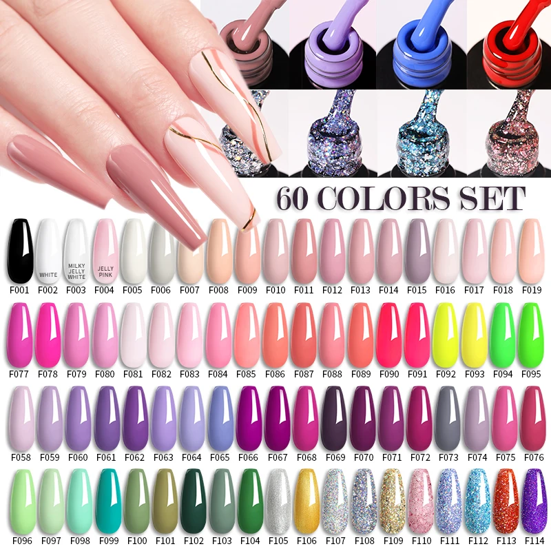 LILYCUTE 20/60Pcs/Set Nail Gel Polish Set Kit Nude Pink Glitter Nail Art UV Gel Manicure Set Vernis Semi Permanent Base Top Coat