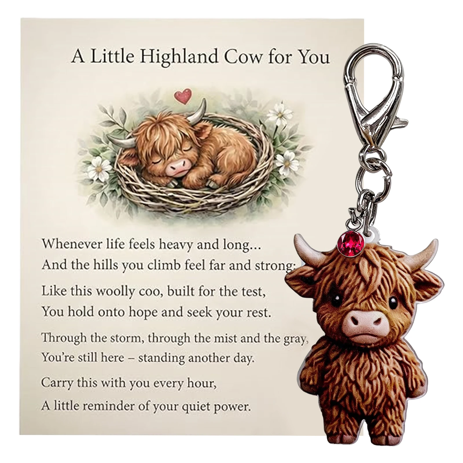 A Little Highland Cow for You Cute Highland Cattle Key Ring with Sentiment Card Cow Acrylic Cartoon Keyring Gifts for Women