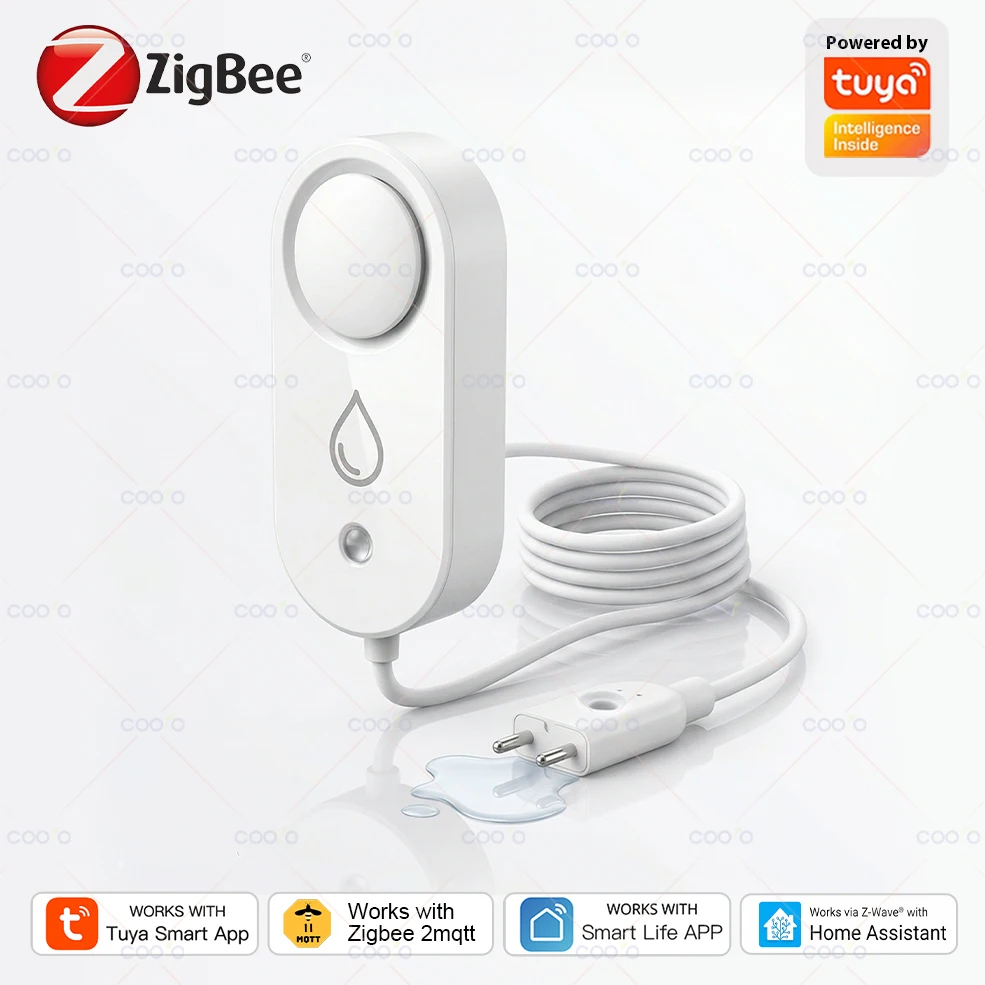 Tuya Zigbee Water Leak Detector with 110dB Siren Alarm Water Flood Sensor with Probe for Kitchen/Bathroom Support Smart Life Z2M
