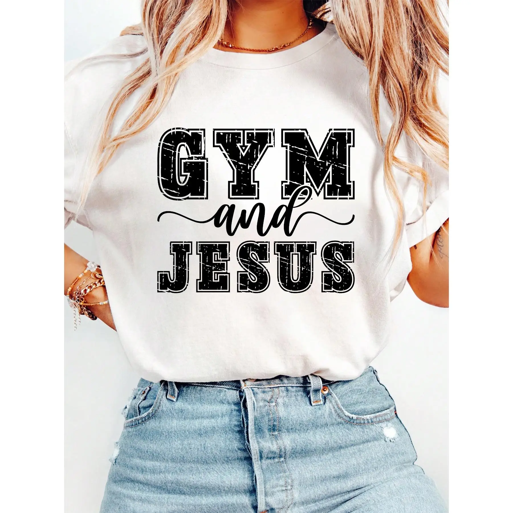 

Gym and Jesus T-shirt Women's Christian Faith Tee Workout Graphic Tops Religious Fitness T-shirt Gym Lover Gifts