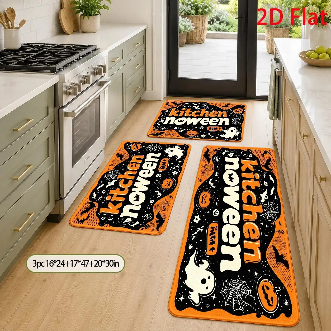 1pc, 2pcs, 3pcs, 2D Flat Kitchen Floor Mat Set, Halloween Kitchen Noween Floor Mat, Spooky Pumpkin Tribal Design, Easy-To-Clean Decorative Kitchen Mat, Suitable for Kitchen, Bathroom, Laundry Room, Dining Room, And Living Room