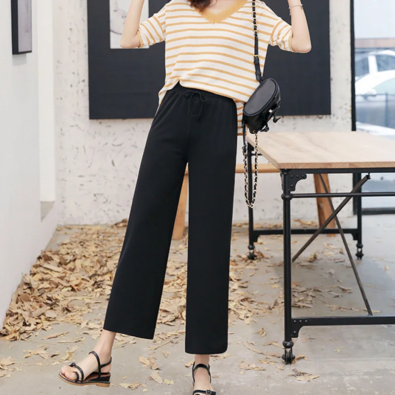 Women Solid Color Fashion Summer Cool Wide Leg Straight Leg Casual Comfortable Elastic Waist Knitted Pants