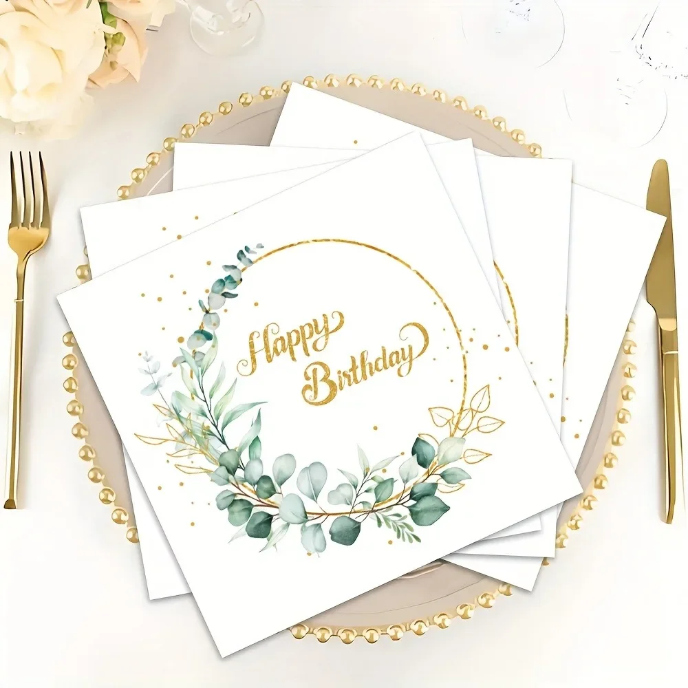 40 unids/lote, servilleta cuadrada de feliz cumpleaños con corona, tejido desechable para cafetería, Fiesta Temática, aniversario, suministros de decoración para mesa de comedor