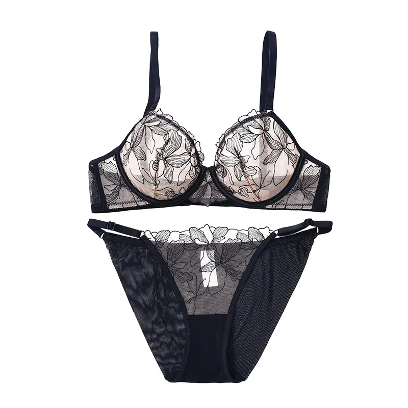 

Sexy Lace Bra Set Women's Gathered Anti-Sagging Ultra-Thin Summer Underwear No Empty Cup Bra Full Coverage Bandeau Straps