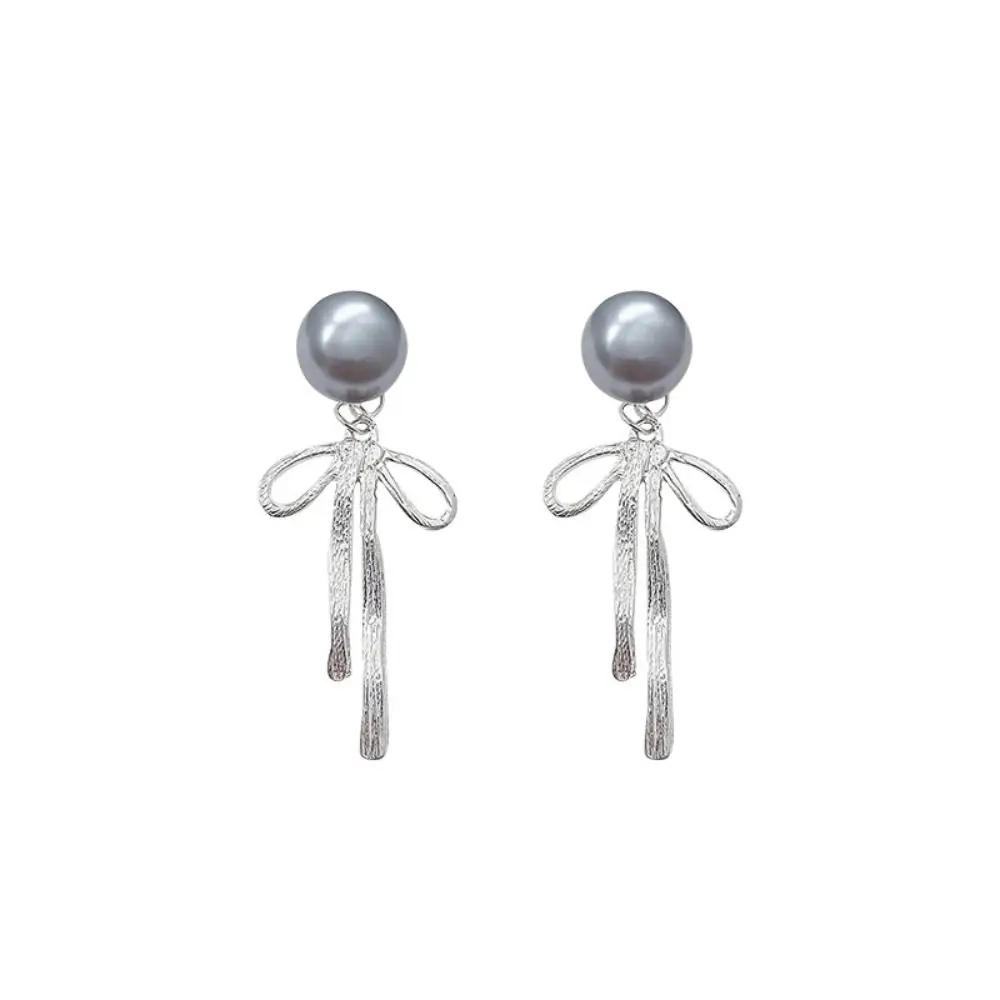 Pendientes Ribbon Bow Dangle Earrings Balletcore Grey Pearl Simple Earrings Alloy Korean Style Piercing Ear Stud Girls Gift