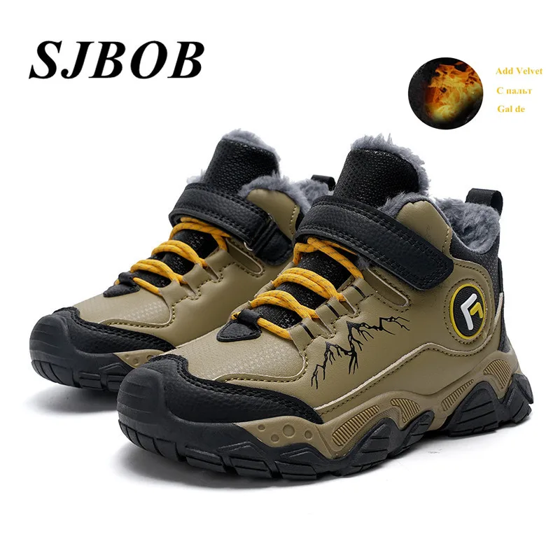 

Winter Fur Warm Boy's Trekking Shoes Brown Hook Loop Leather Boy Hiking Shoes Non-Slip Outdoor Sneakers For Kids Sapato Infantil