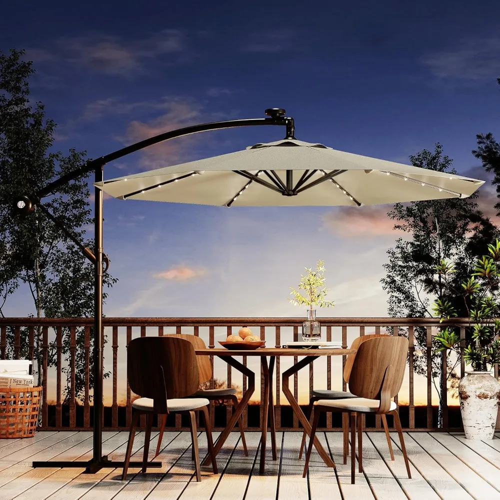 

10FT Solar Lights Cantilever Umbrella outdoor patio, Offset Patio Umbrella with Easy Lift & Tilt Adjustment, UV Protection Fade