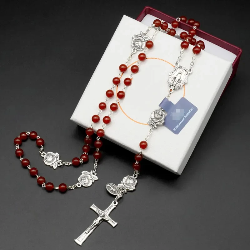 Cross Pendant Necklace Natural Red Black Agate 6mm Beads Rosary Religious Miraculous Charm Jewelry Men Woman Trend 2024 ﻿