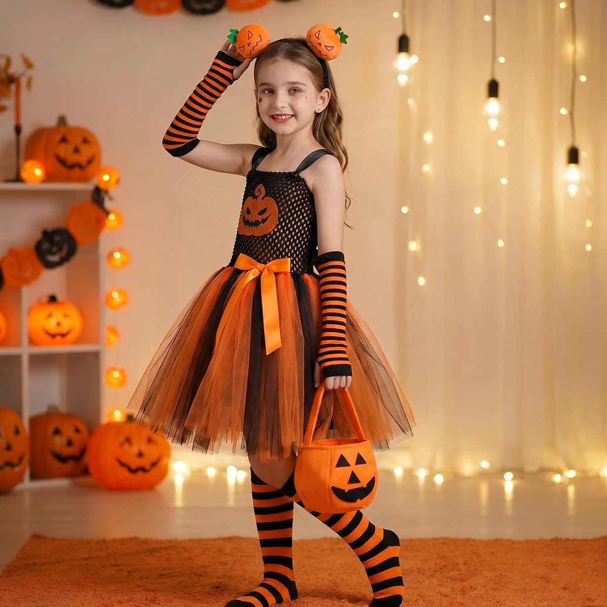 Girls Halloween Pumpkin Tutu Dress for Kids Wicked Witch Jack O Lantern Face Costume Girls Trick 'r Treat Carnival Party Dress
