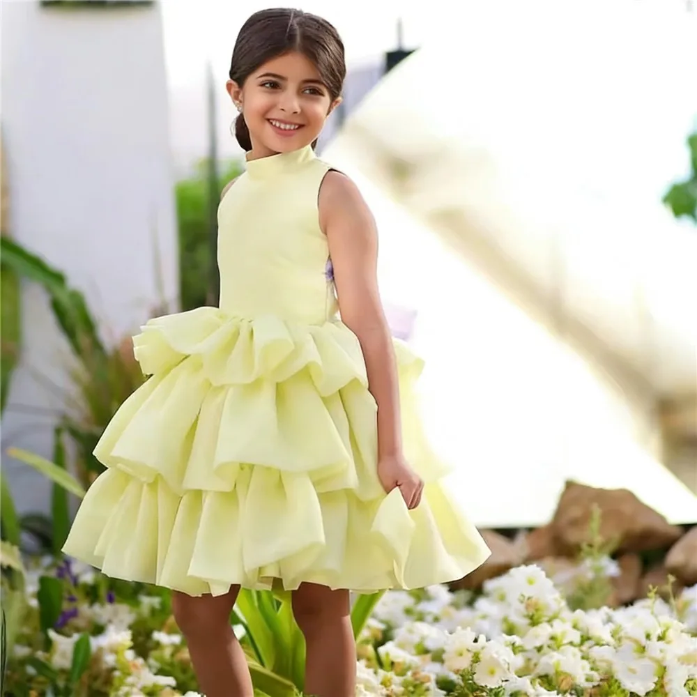 Lovely Sleeveless Flower Girl Wedding Dress Backless Bow Belt Tiered Girls Birthday Party Dress First Communion Gown Customized