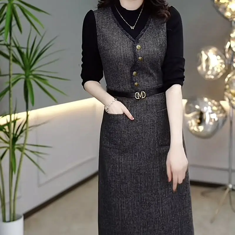 Office Lady Fake Two Pieces Dresses Sashes Autumn Winter Patchwork Half High Collar Stylish Asymmetrical A-Line Waist Midi Dress