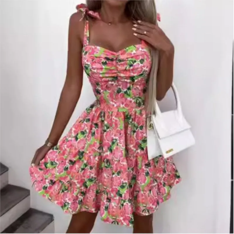 

2026 Summer Fashion Flower Print Pleated Dress New For Women Casual Vacation Beach Sundress Spaghetti Strap Mini Dress Female
