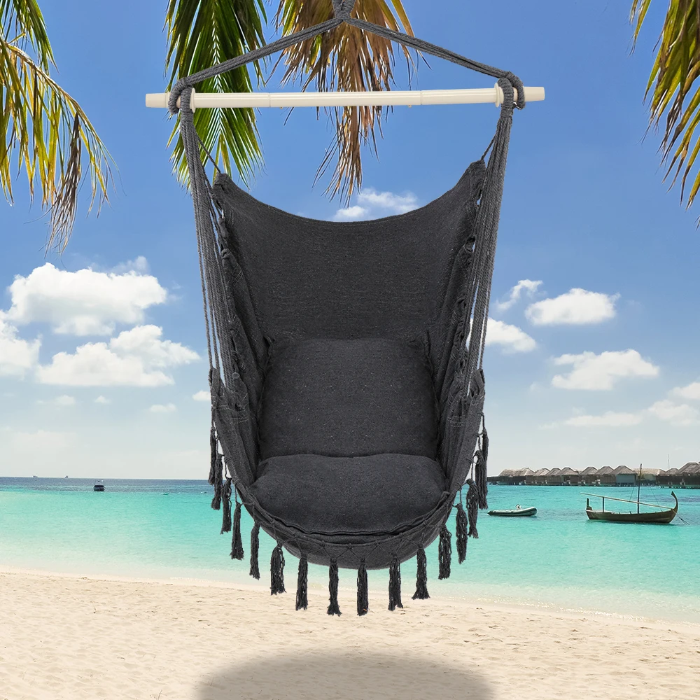 Comfortable Simple Pillow Tassel Hanging Chair Gray for relax