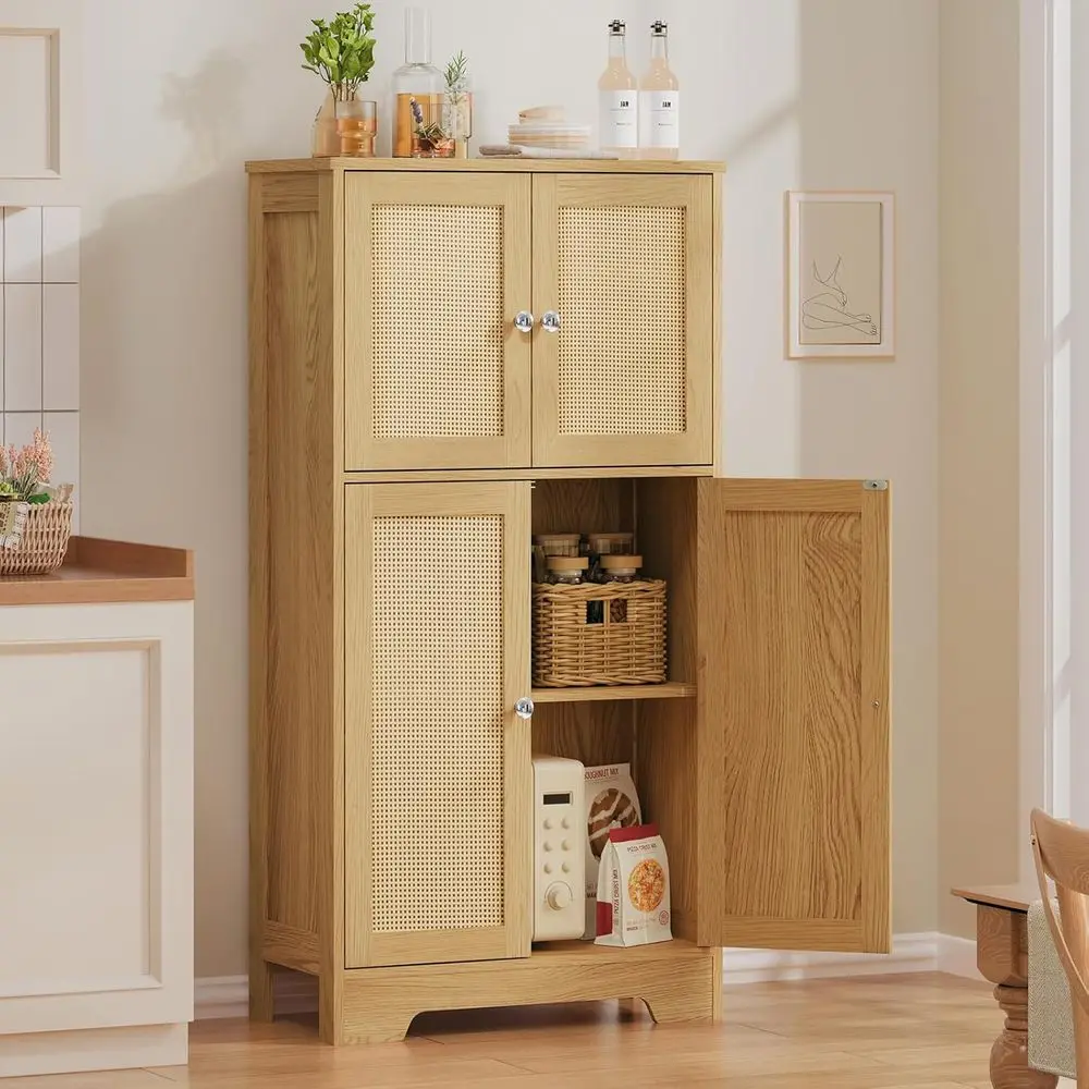 Rattan-Aufbewahrungsschrank mit 2 verstellbaren Regalen und 4 Türen, geeignet für Badezimmer, Wohnzimmer, Eingangsbereich, Küche und Zuhause