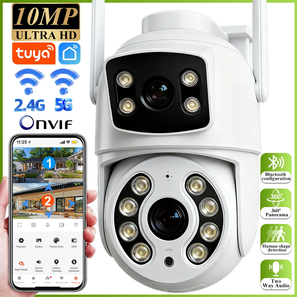 

Tuya 10MP Dual Lens 5G Wifi Camera PTZ Outdoor waterproof Dual Screen Home Security-protection Color Night Vision Surveillance