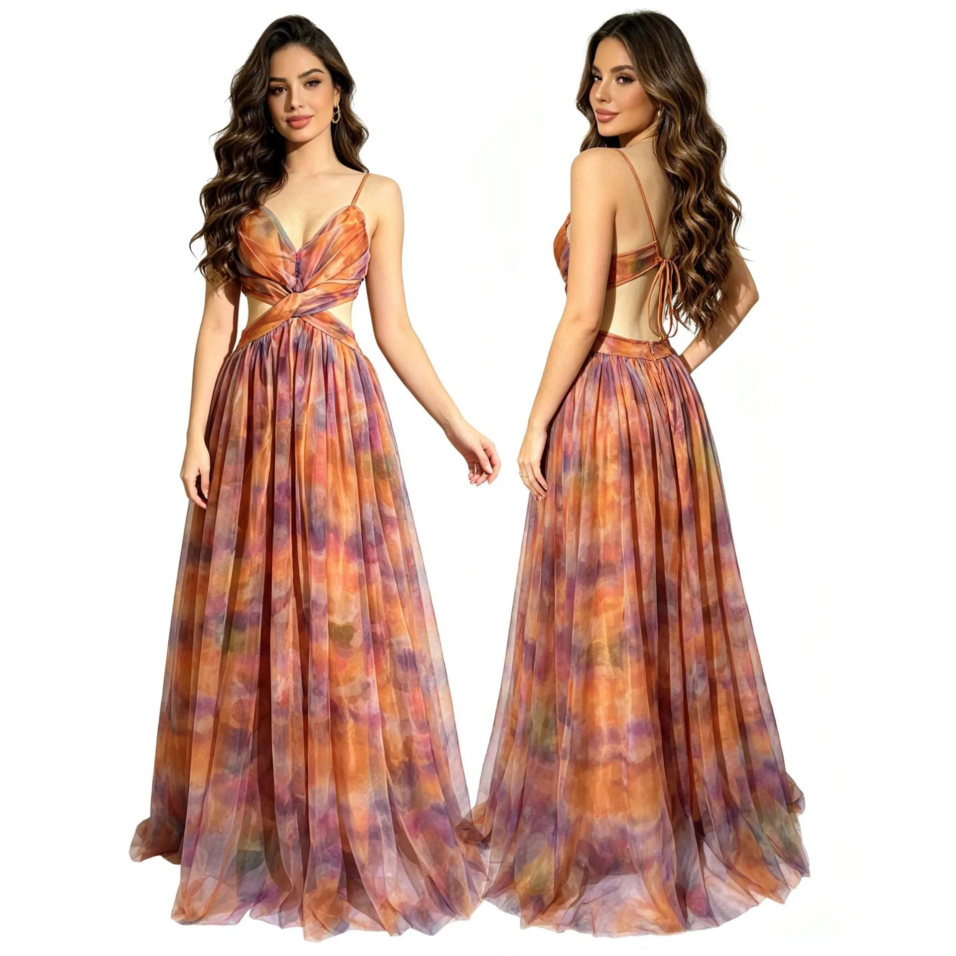 Tie Dye Off Shoulder Dress Waist Cinched with Sheer Netting European and American Fantasy Elegant Party Dresses for Women