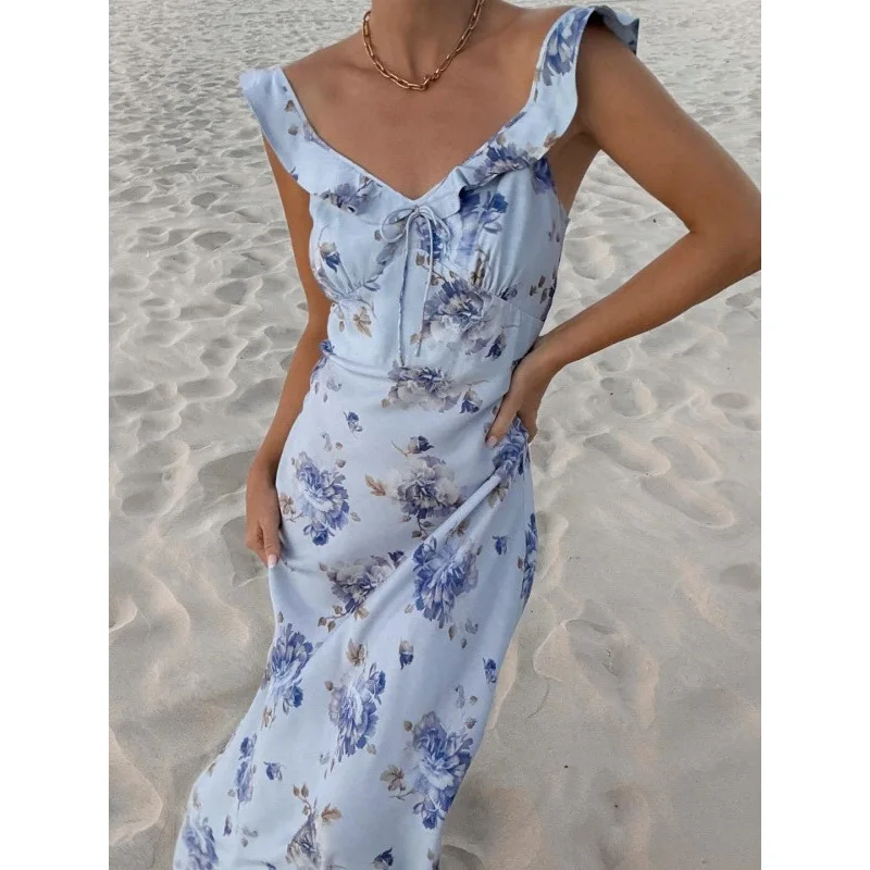 2026 New Summer Flower Printed Women's Sexy Low-cut Dress Sleeveless Backless Slim Sling Dresses Beach Vacation Lady Vestidos