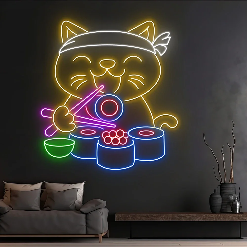 Lucky Cat Eating Sushi Neon Sign Fortune Cat Eating Sushi LED Light Sushi Food Shop Storefront Decor Custom Restaurant Neon Sign