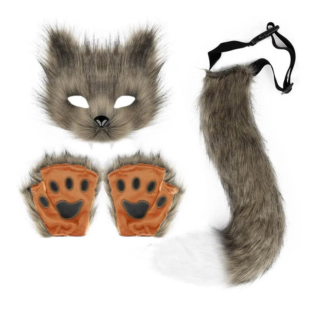 Fluffy Fur Tail Mask Gloves Cat Paws Gloves And Wolf Therian Mask Set For Halloween Cosplay Costume Accessories Mask Sets G9N6