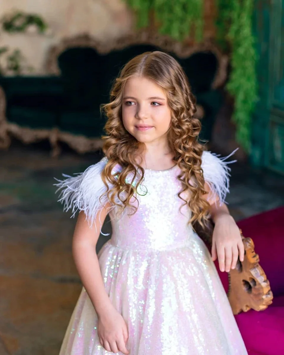 Robe de demoiselle d'honneur personnalisée à paillettes, longueur au sol avec plumes, pour mariage, première robe de fête d'anniversaire eucharistique pour enfant