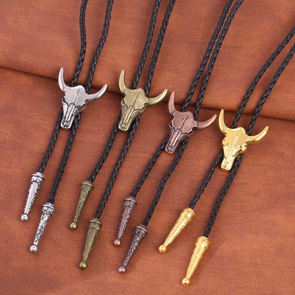 Adjustable Bull Head Western Cowboy Bolo Tie Rodeo Dance Necktie Faux Leather Pendant Necklace