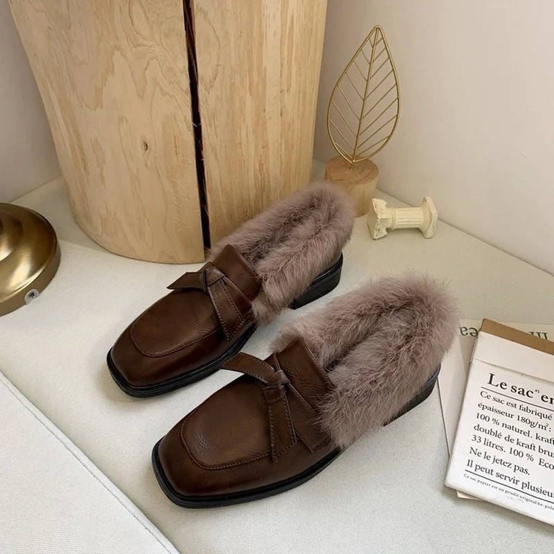 Luxury 2022 Fashion Women Loafers Faux Rabbit Fur Slip-on Shoes Woman Low Heels Casual Plush Warm Boat Shoes Zapatos De Mujer