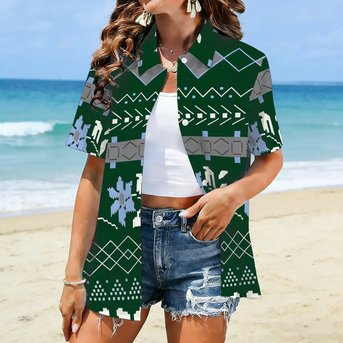 

Plus size women's short-sleeve cardigan shirt, fashionable for inner wear or outer wear, lazy and distinctive for vacation.