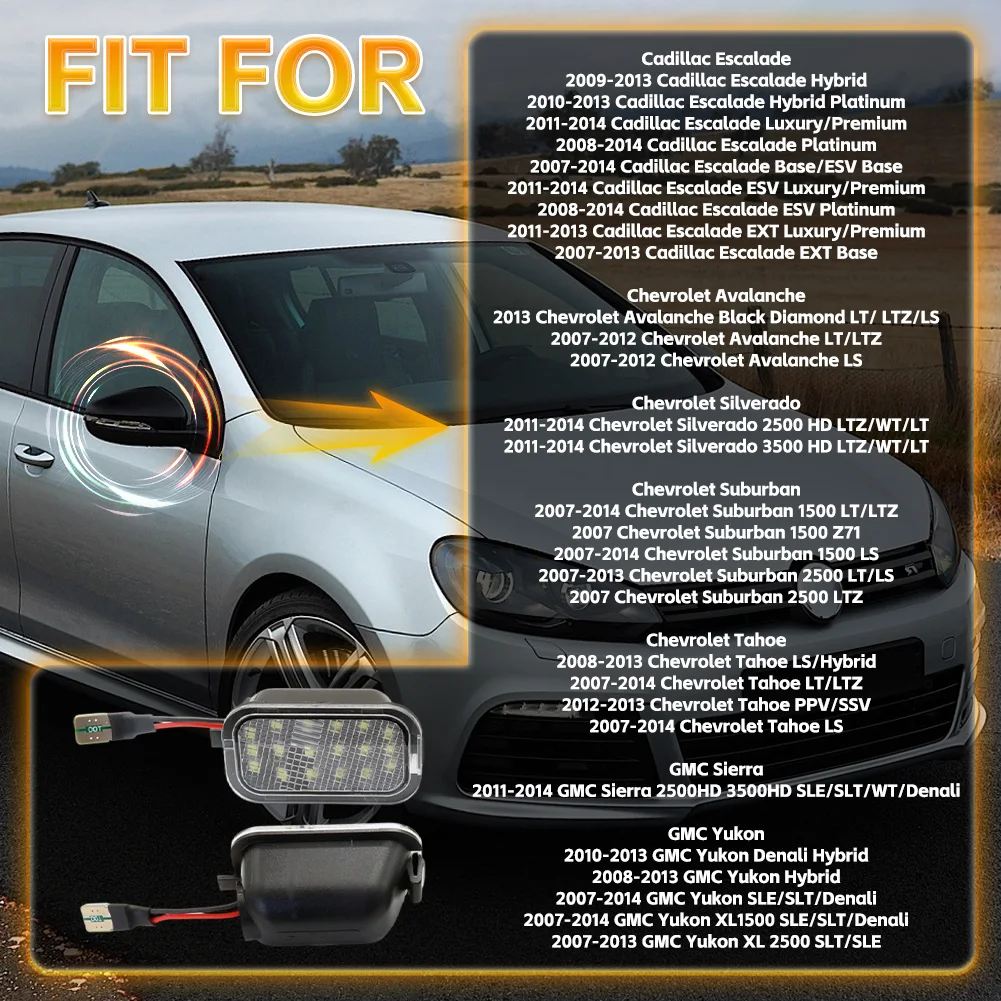 2 PCS For Cadillac Escalade/Chevrolet Avalanche Silverado Suburban Tahoe/GMC Sierra Yukon LED Car Under Side Mirror Puddle Light