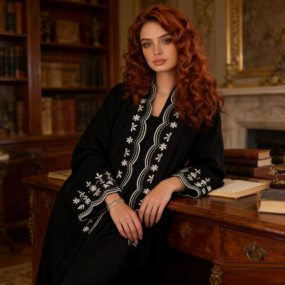 

Modest Muslim Hijab Dress Set for Woman Dubai Abaya Embroidery Long Cardigan Kimono Jalabiya Ramadan Eid Djellaba Kebaya Abayas