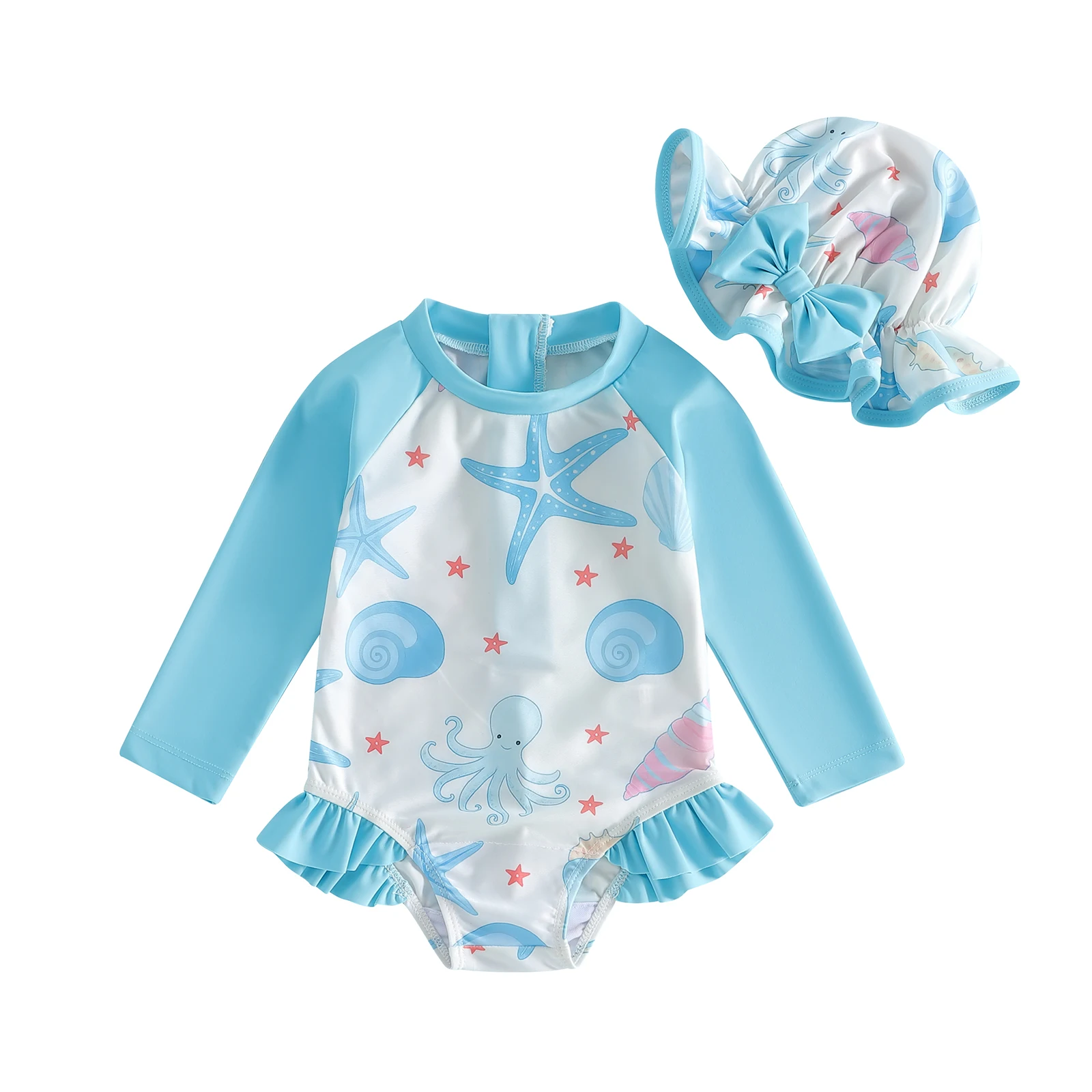 

Купальник-ромпер для девочек с защитой от солнца, с принтом морских звезд и осьминогов, с длинными рукавами, круглым вырезом, для младенцев, с шапочкой для плавания