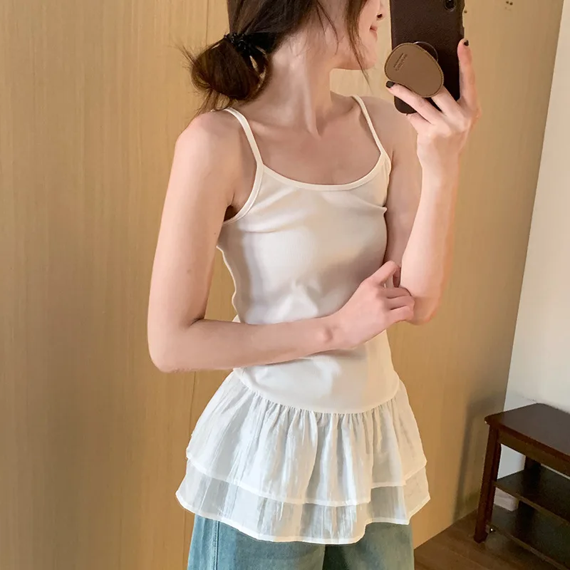 White Camisole Top for Women with Ruffle Double-layer Skirt Women Sleeveless Tank Top Splicing Slimming Strapless Base Vest Tee image 6