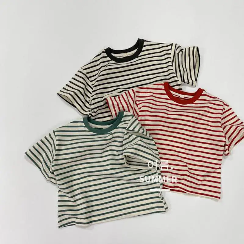 

2025 Summer New Children Short Sleeve T Shirts Boys Casual Striped Tee Cotton Girls Breathable Versatile Tops Kids Clothes