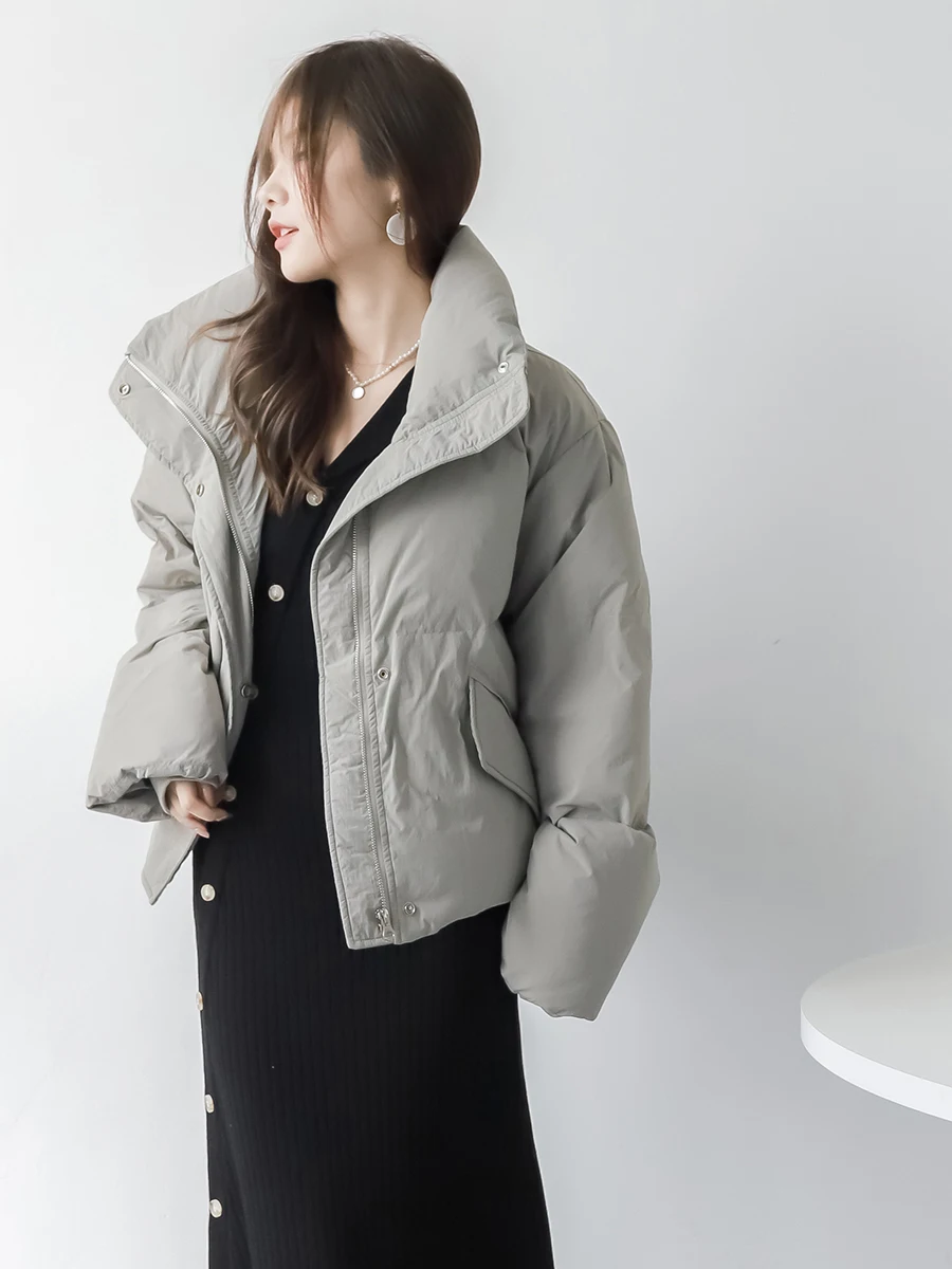 

Mzomxo Winter New 90 White Duck down Short Stand Collar Women's Loose Bread Style Jacket Korean Version Long Sleeve Coat