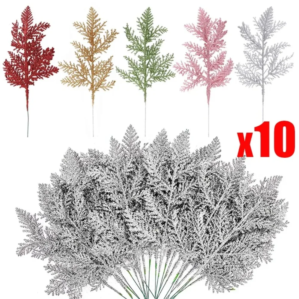 

10Pcs Artificial Plants Pine Branches Christmas Glitter Gold Leaves Xmas Tree Decoration Pendant Christmas Home Decoration