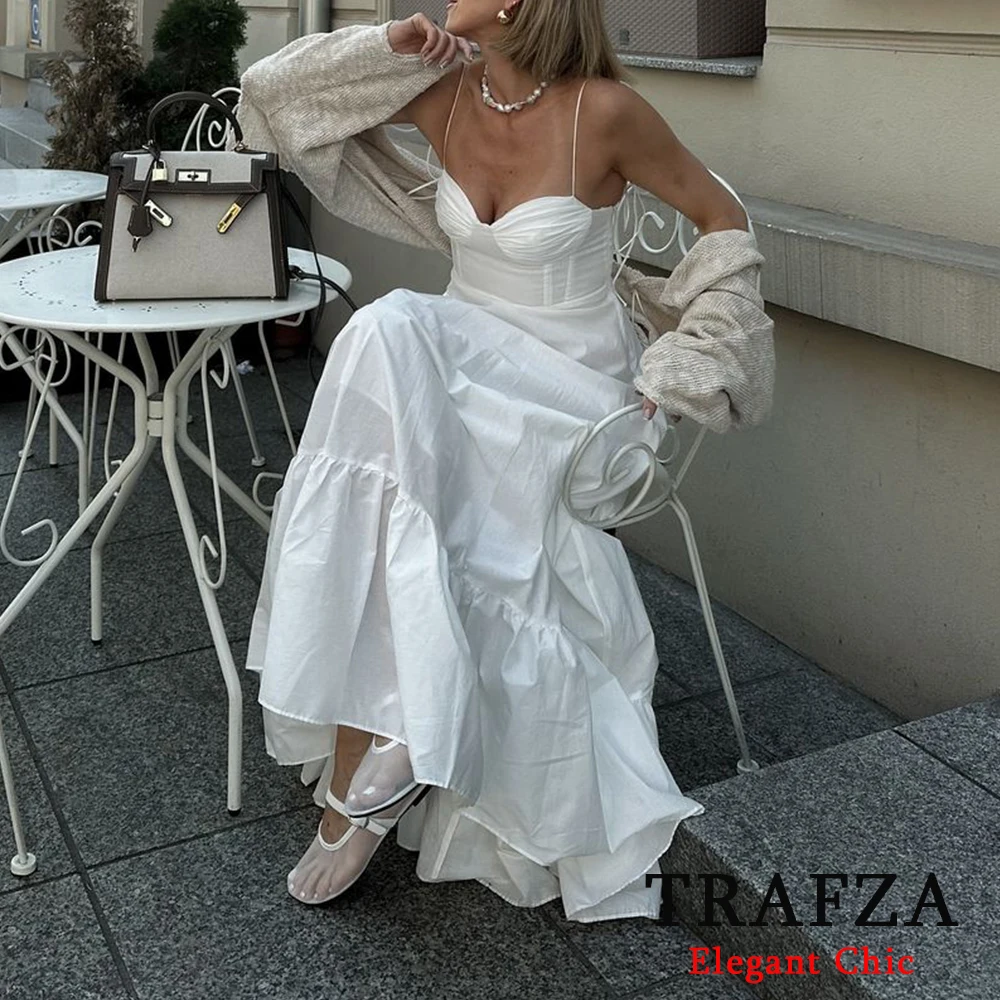 TRAFZA Sexy Solid White Cami Long Dress Women Corset V Neck Backless Summer Dress Fashion 2024 Elegant Ruffles Y2K Girl Dress