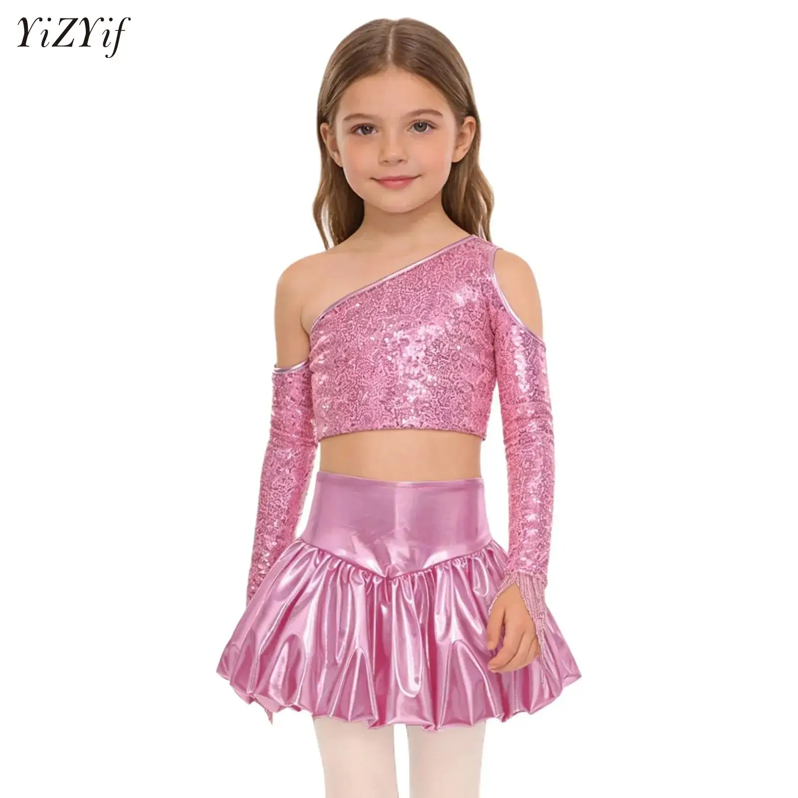 

Girls Sequins Jazz Street Dance Outfit Costume Shiny Crop Top+Bubble Unitard Skirted School Basketball Cheerleading Dancewear
